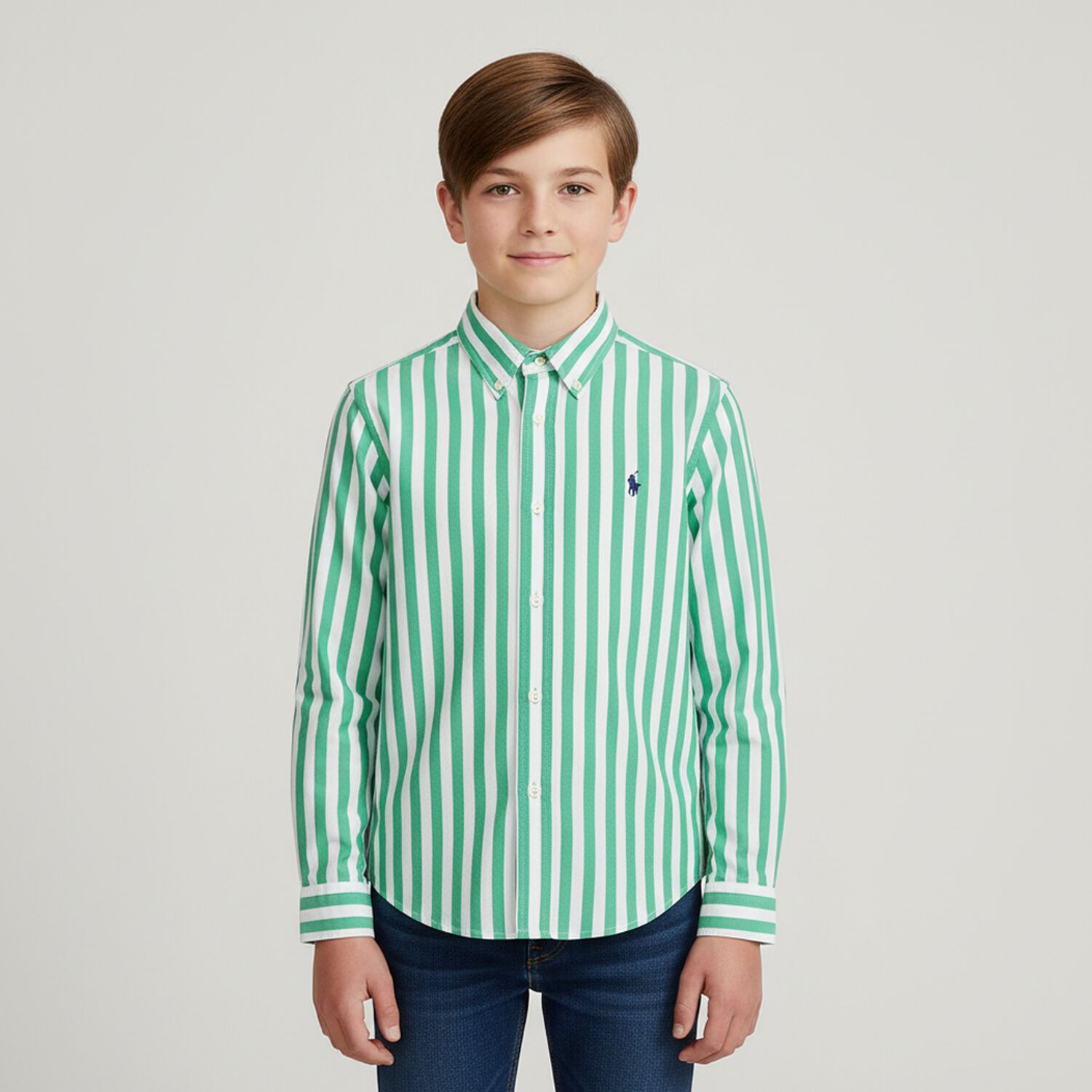 Boys Green & White Striped Logo Shirt, 1, hi-res