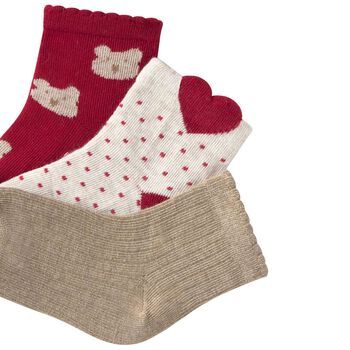 Younger Girls Red, Ivory & Beige Socks ( 3 Pack )