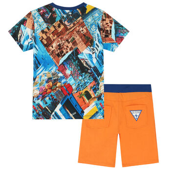 Boys Blue & Orange Logo Shorts Set