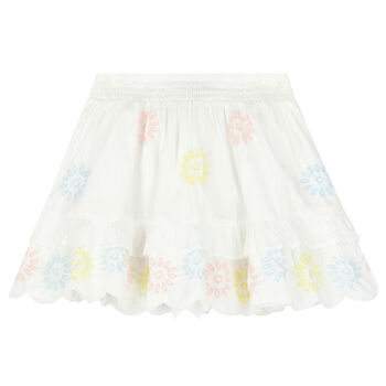 Girls White Embroidered Flower Skirt