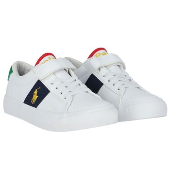 Boys White & Navy Blue Logo Trainers