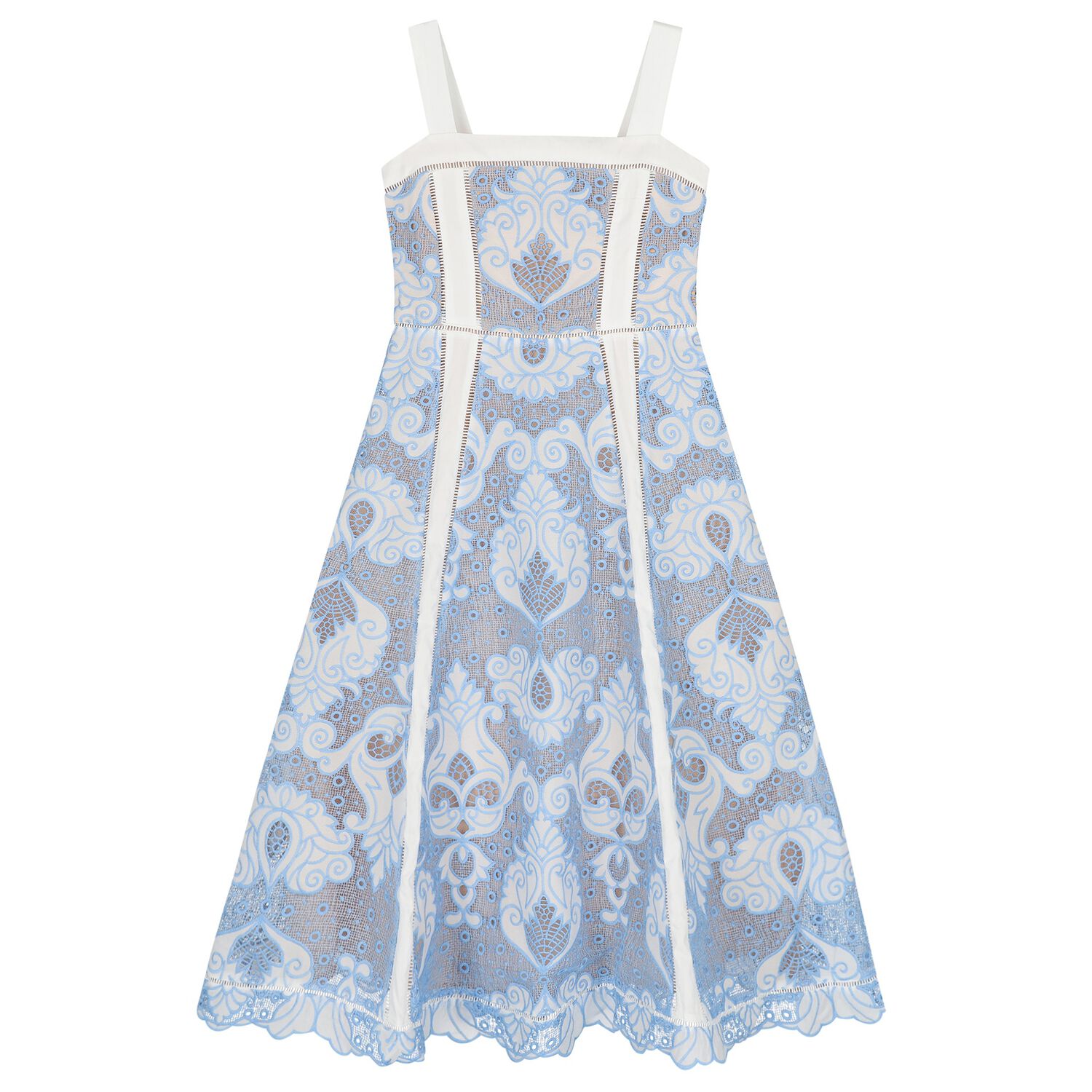 Girls White & Blue Embroidery Maxi Dress, 1, hi-res