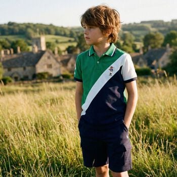 Boys Green, White & Navy Blue Polo Shirt 