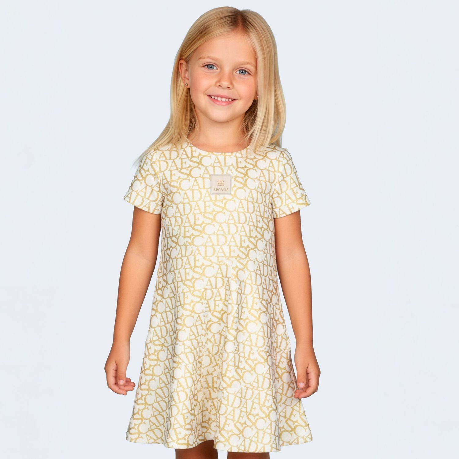 Girls Ivory & Gold Logo Dress, 1, hi-res