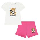 Younger Girls Ivory & Pink Teddy Bear Logo Shorts Set, 2, hi-res