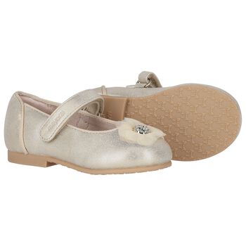 Younger Girls Gold Diamante Flower Shoes