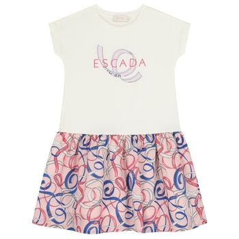 Girls Ivory & Pink Ribbon Logo Dress