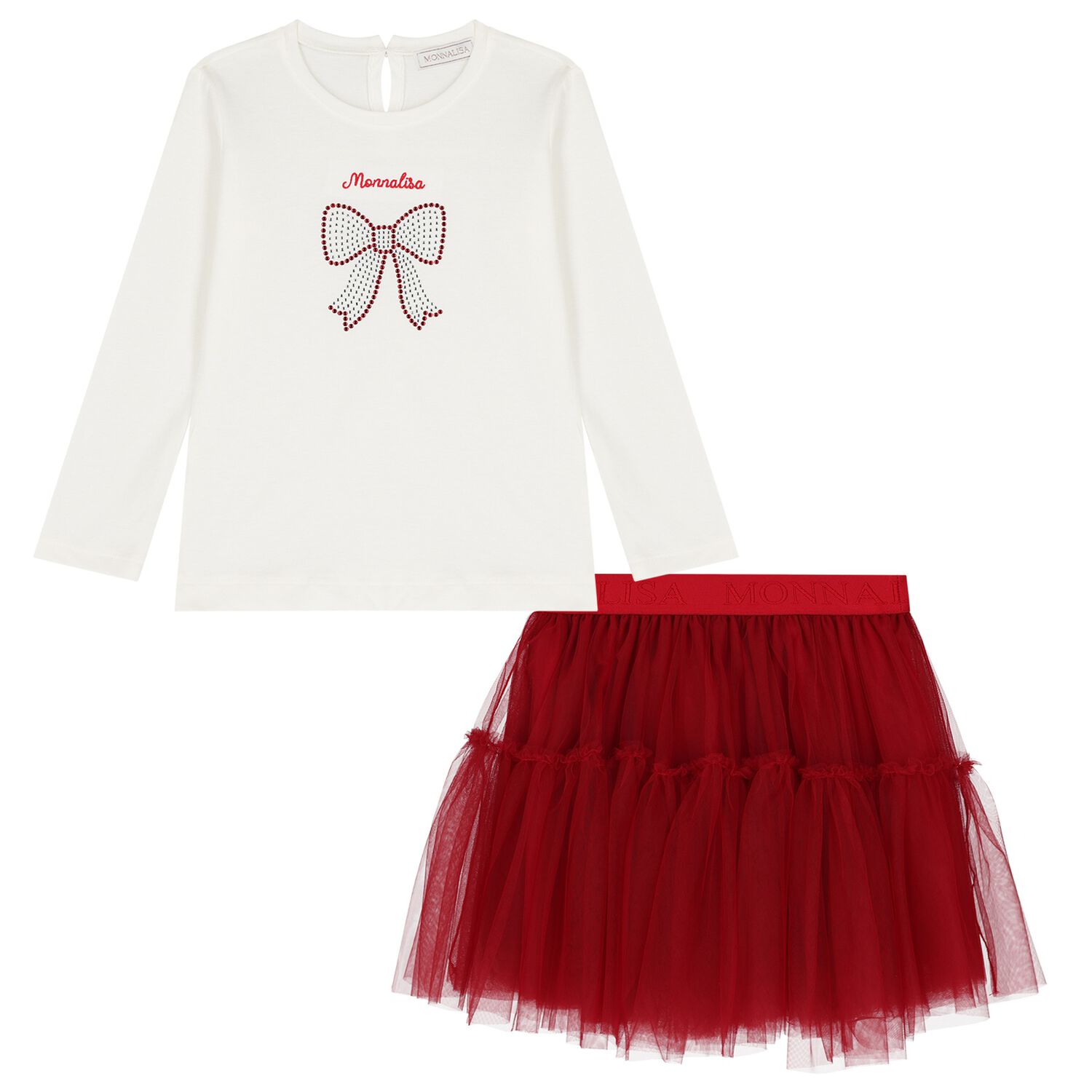Girls White & Red Tulle Skirt Set, 1, hi-res