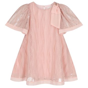 Girls Pink Lace & Chiffon Bow Dress