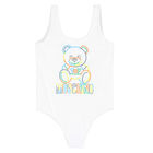 Girls White Teddy Logo Swimsuit, 1, hi-res