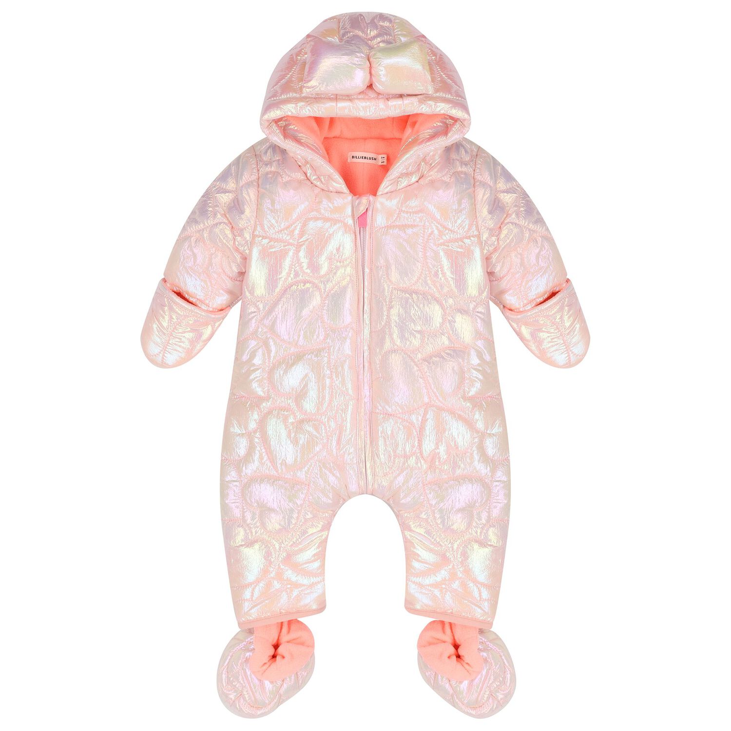 Baby Girls Pink Quilted Heart Snowsuit, 1, hi-res