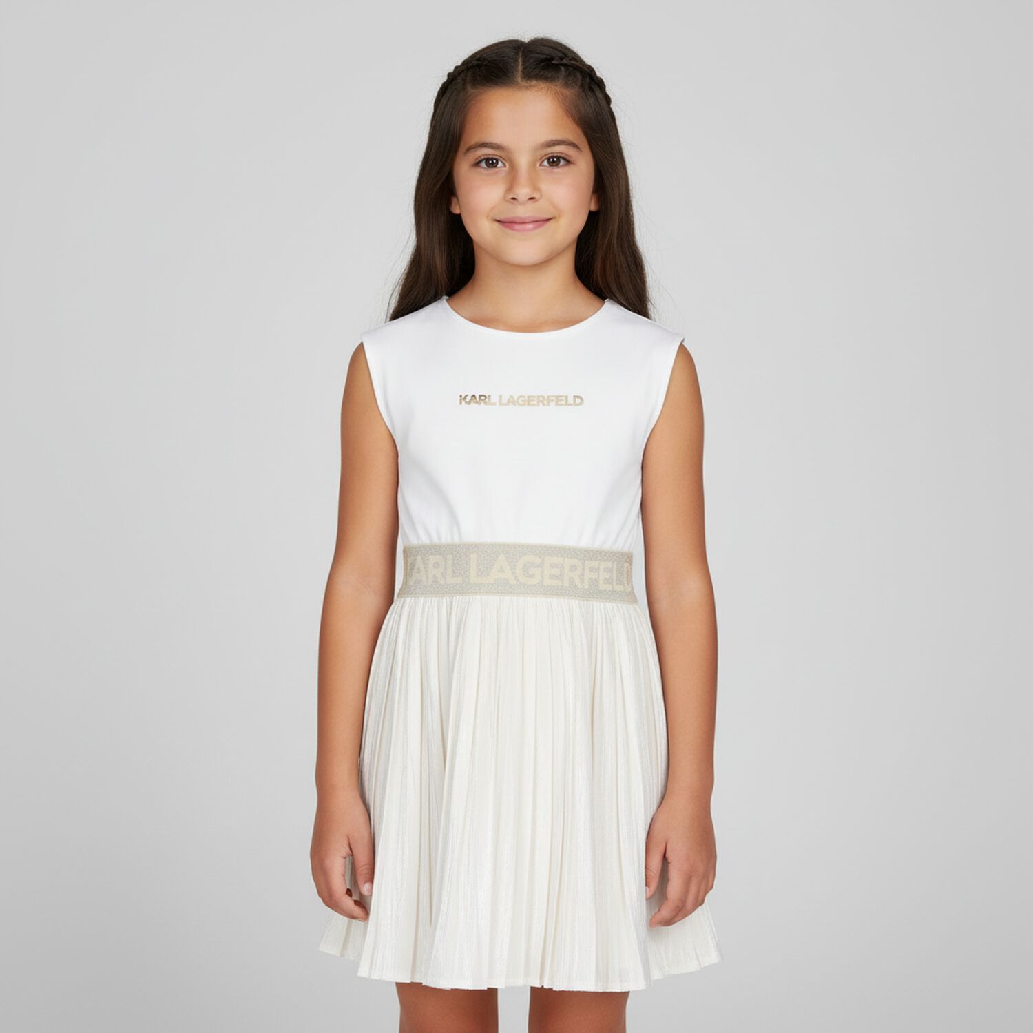 Girls Ivory & Gold Logo Dress, 1, hi-res image number null
