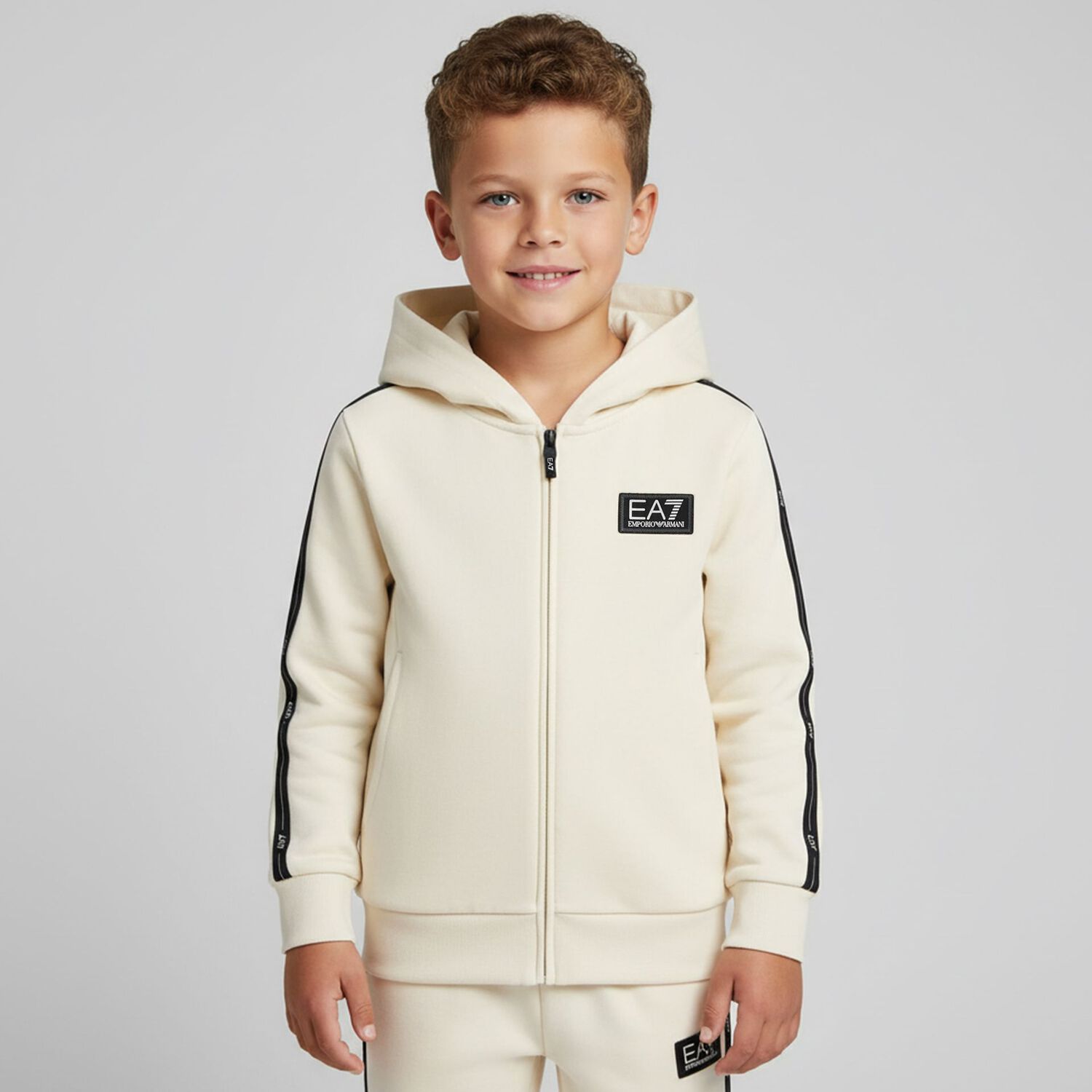 Boys Ivory Logo Hooded Zip Up Top, 1, hi-res