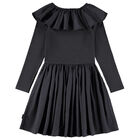 Girls Black Ruffled Long Sleeve Dress, 2, hi-res