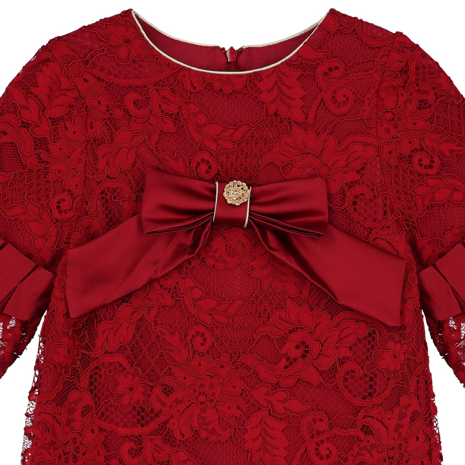 Girls Red Lace & Satin Bow Dress, 2, hi-res