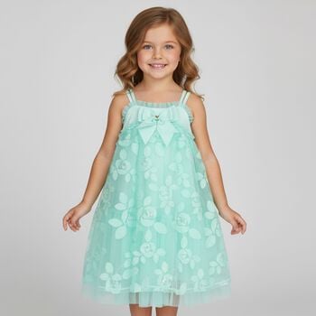 Girls Green Appliqued Tulle Dress