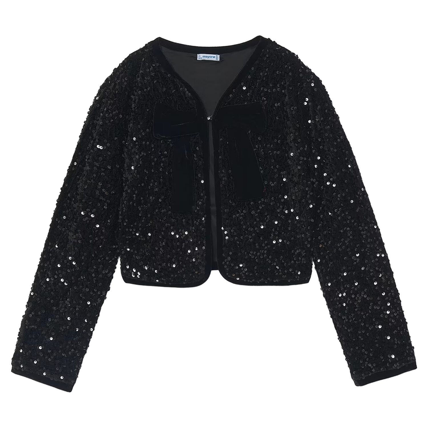 Girls Black Sequin & Velvet Bow Jacket, 1, hi-res