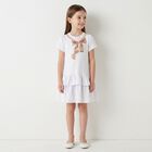 Girls White & Beige Bow Logo Dress, 2, hi-res