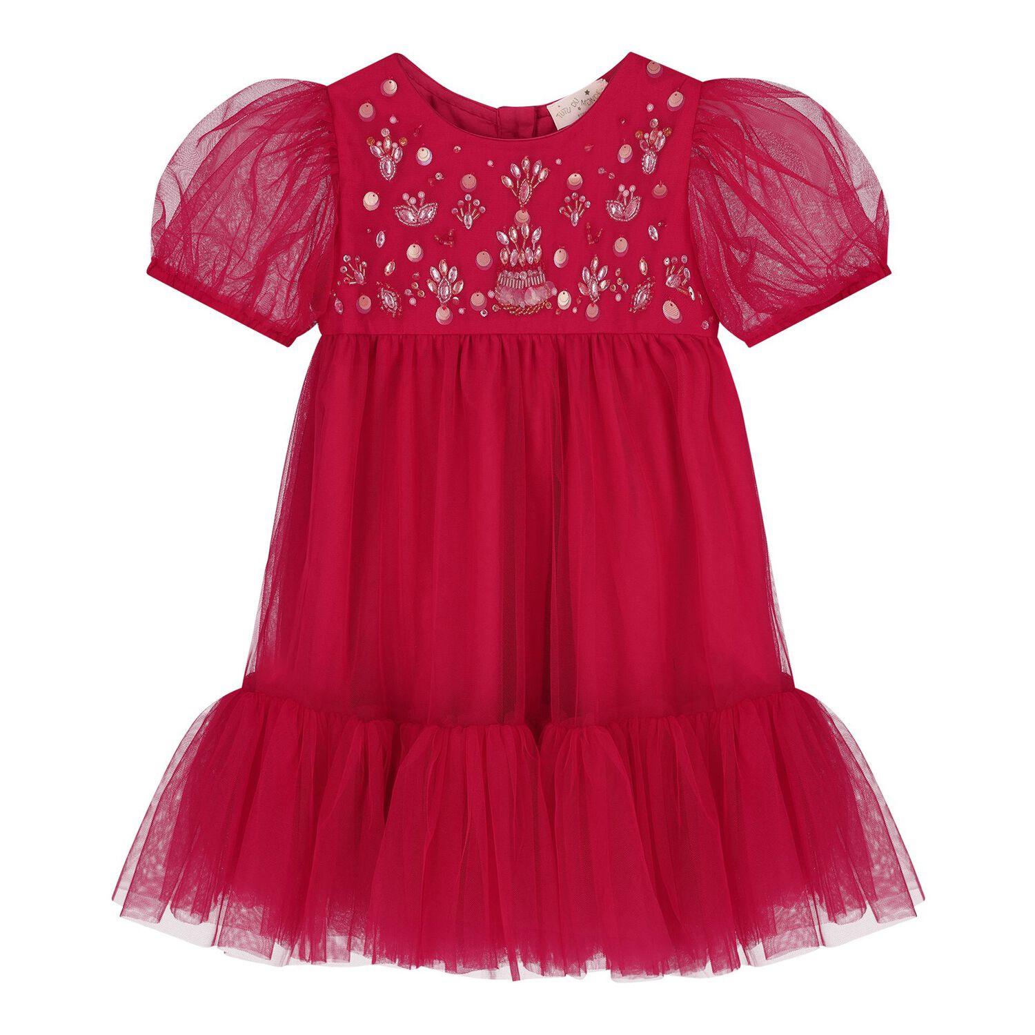 Baby Girls Red Embellished Tulle Dress Set, 1, hi-res