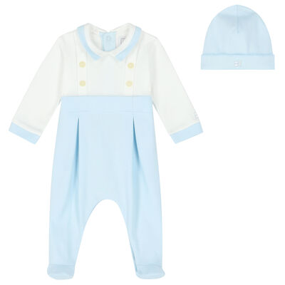 Baby Boys White & Blue Babygrow & Hat Set