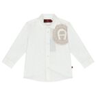 Younger Boys White & Beige Logo Shirt, 1, hi-res