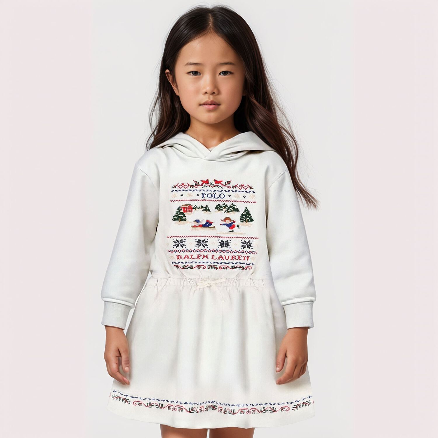 Girls White Festive Hooded Dress, 1, hi-res