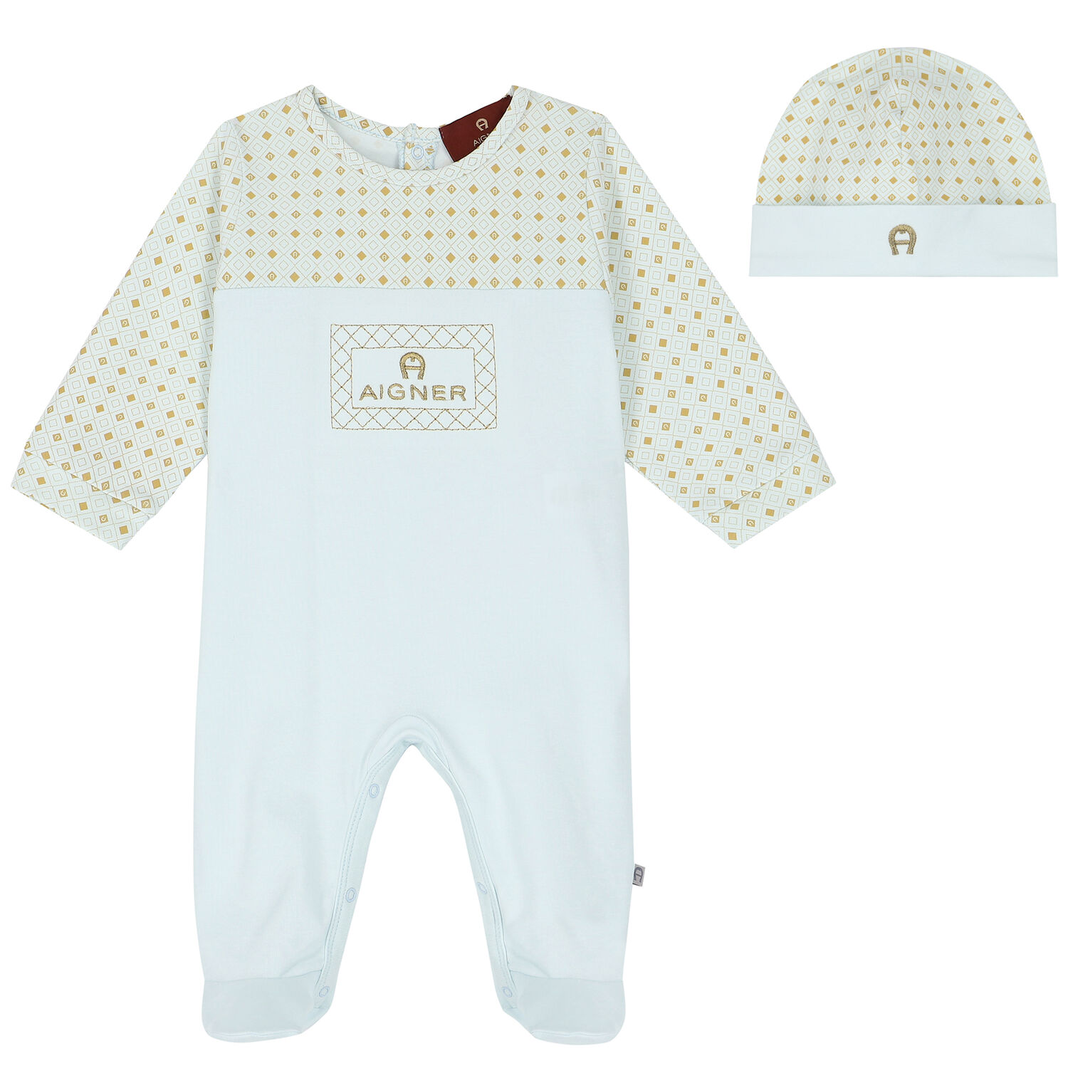 Boys Blue, Ivory & Gold Logo Babygrow & Hat Set, 1, hi-res