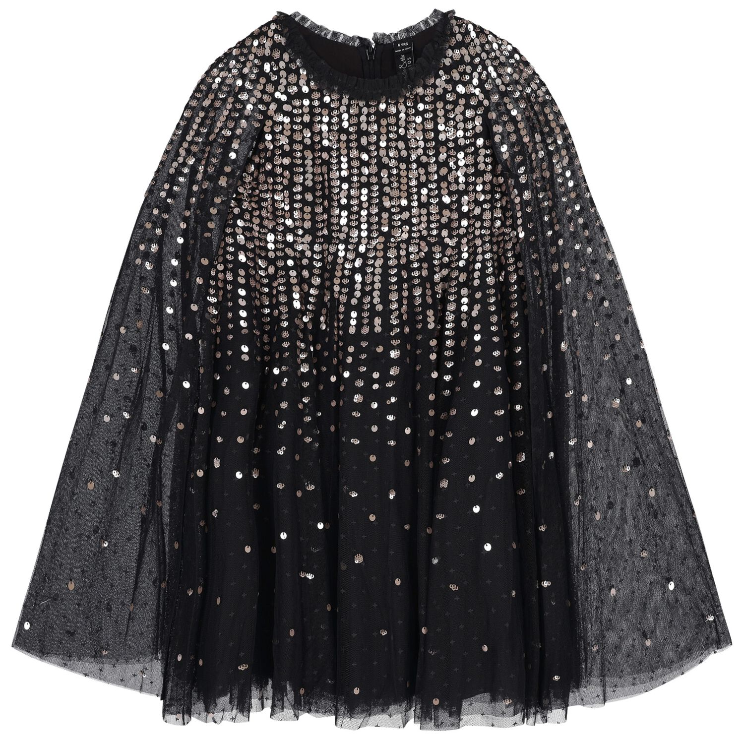 Girls Black Sequinned Tulle Cape Dress, 2, hi-res