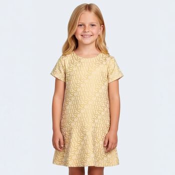 فستان للبنات بالشعار باللون البيج والذهبي