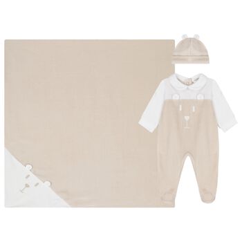 White & Beige Teddy Bear Babygrow Gift Set