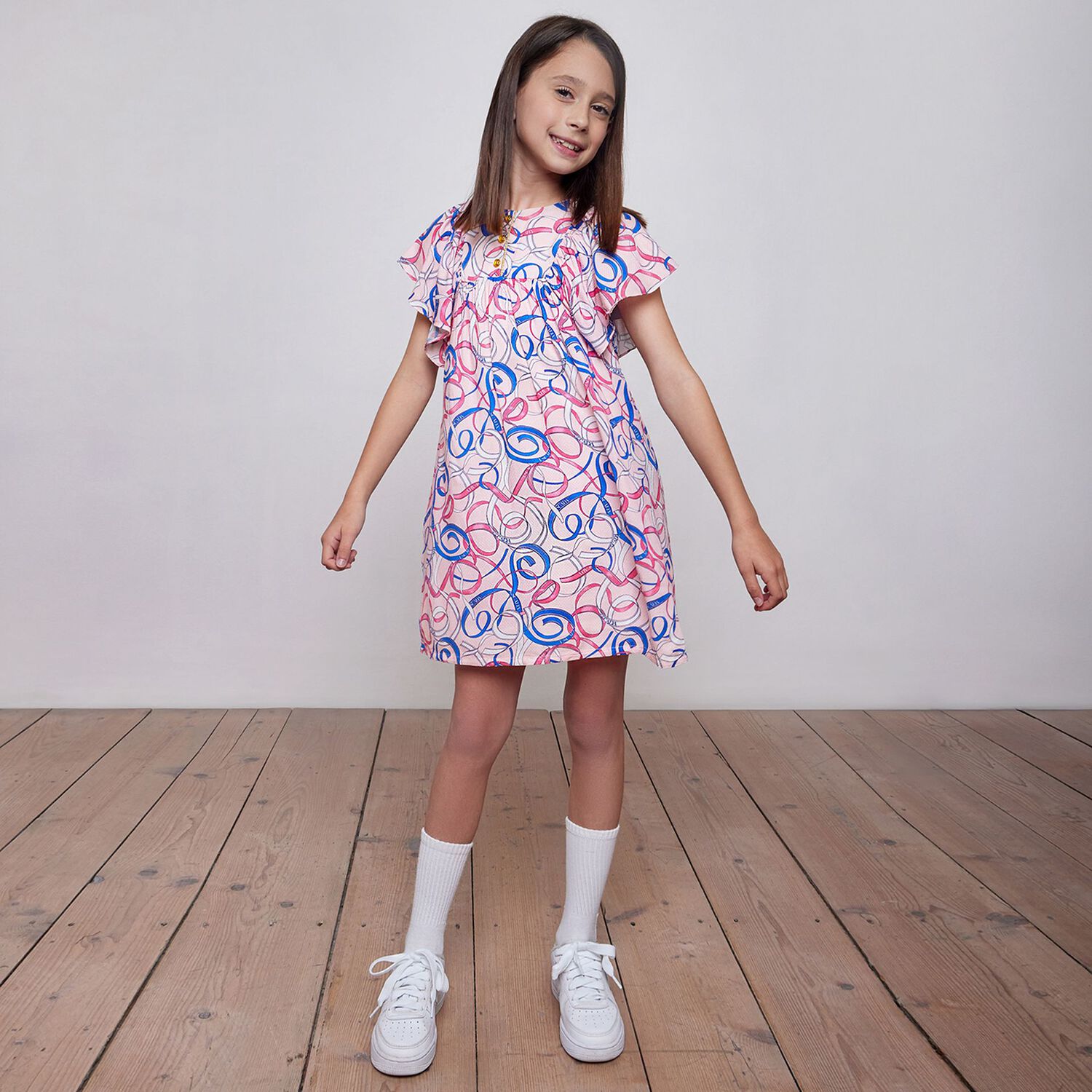 Girls Pink Logo Ribbon Dress , 1, hi-res