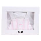 طقم دنغري للأطفال مخطط بالشعار باللون الوردي والأبيض للبنات , 1, hi-res