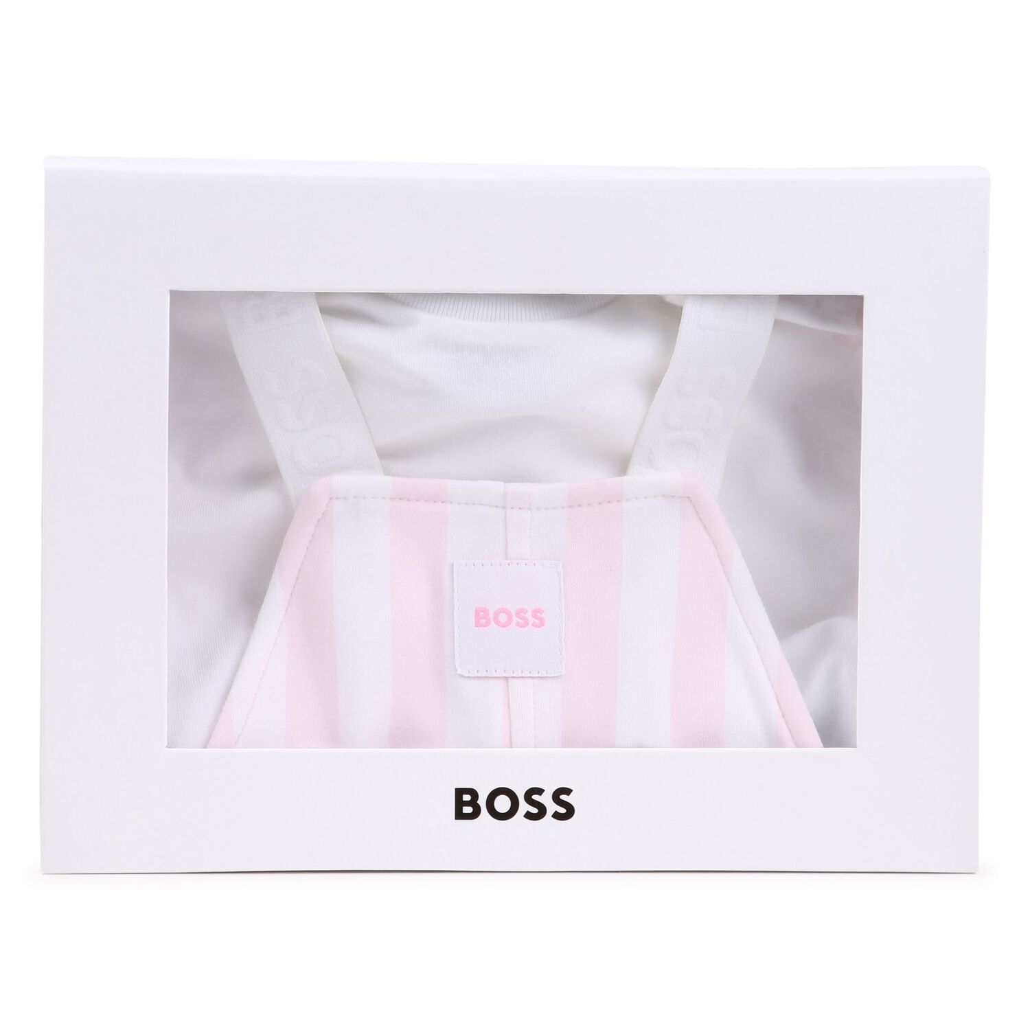 طقم دنغري للأطفال مخطط بالشعار باللون الوردي والأبيض للبنات , 1, hi-res