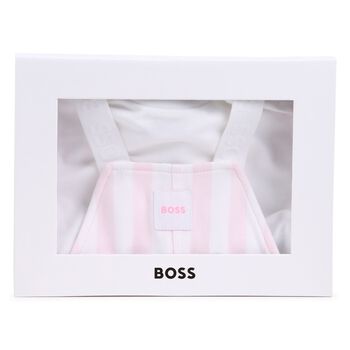 طقم دنغري للأطفال مخطط بالشعار باللون الوردي والأبيض للبنات 