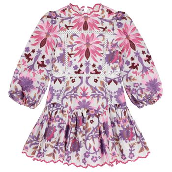 Girls White, Pink & Purple Embroidered Floral Dress