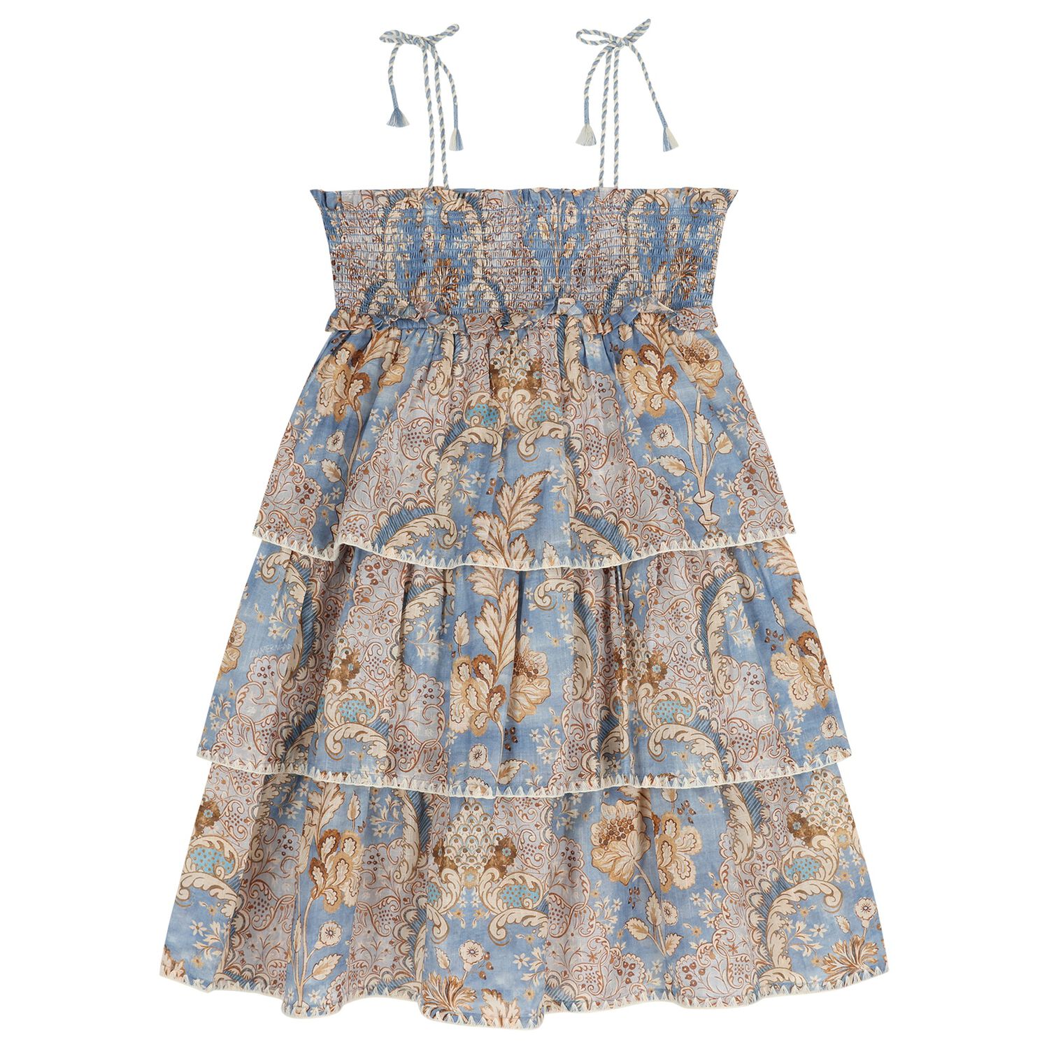 Girls Blue & Beige Floral Tiered Dress, 1, hi-res
