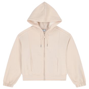 Girls Beige Hooded Zip Up Top