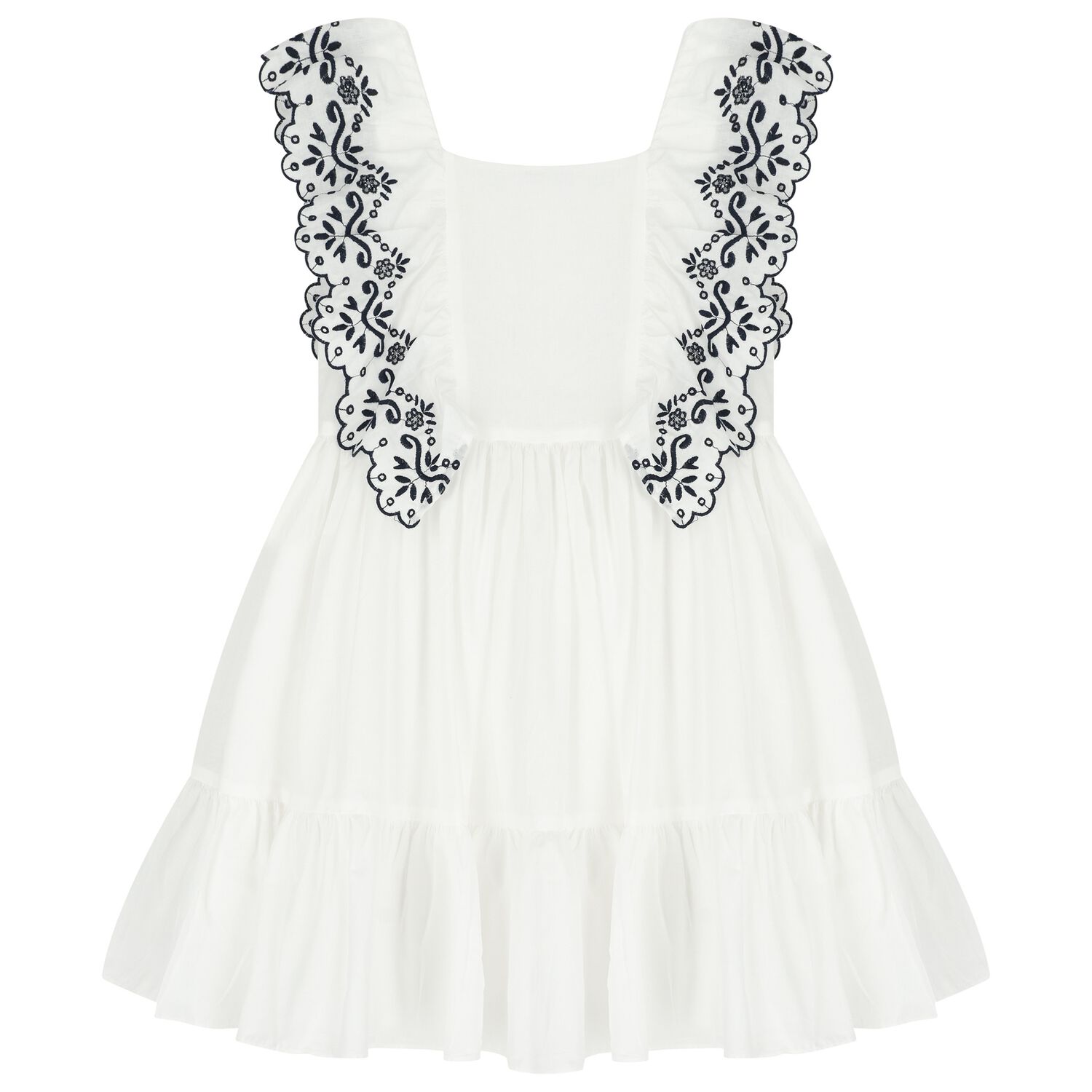 Girls White & Navy Blue Embroidered Ruffles Dress, 1, hi-res