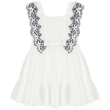 Girls White & Navy Blue Embroidered Ruffles Dress