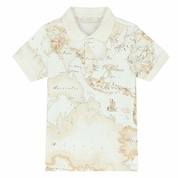 Boys White & Beige Geo Map Polo Shirt