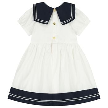 Younger Girls White & Navy Blue Logo Dress