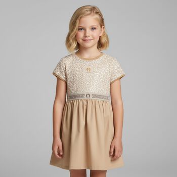 Girls Beige Lacy Knit Sequin Dress