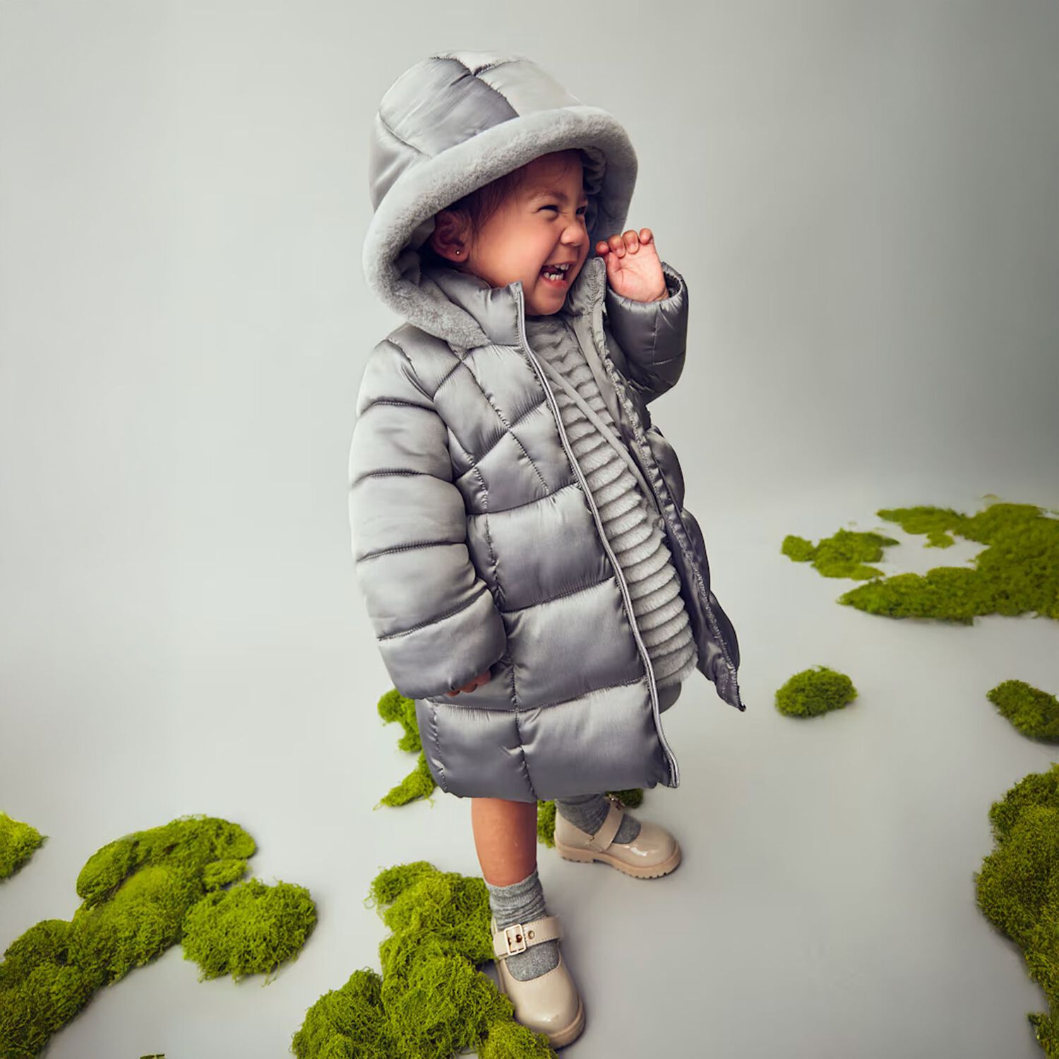 معطف بنات منفوخ هودى باللون الرمادى , 2, hi-res