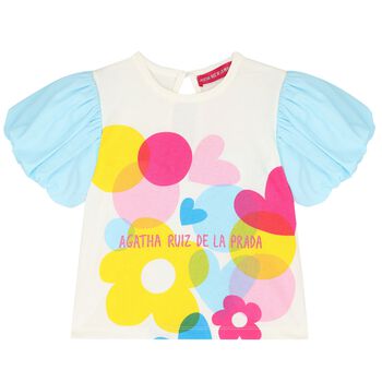 Girls Ivory & Blue Logo Top