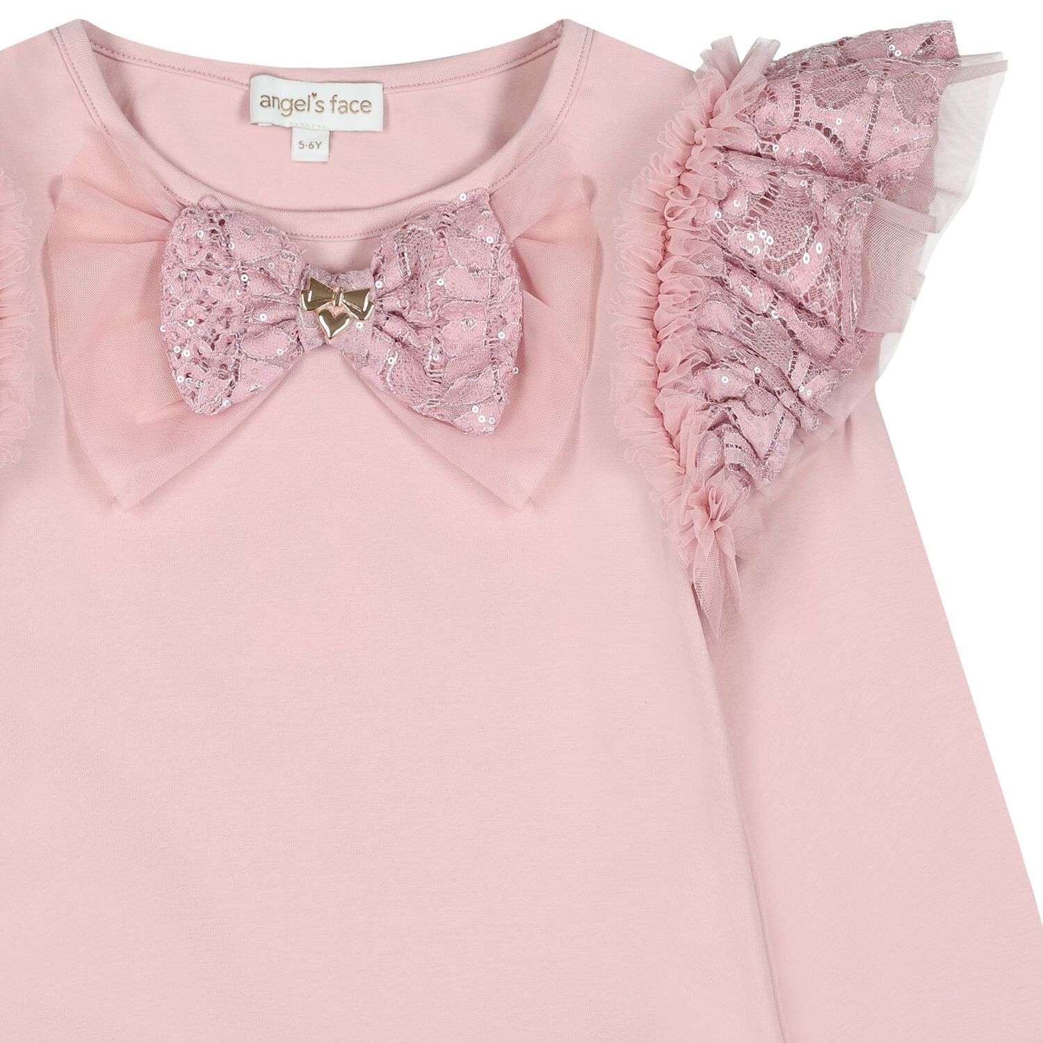 Girls Pink Sequin Lace Bow Carina Long Sleeve Top, 1, hi-res
