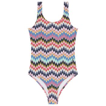Girls Pink Multicolor Zigzag Swimsuit