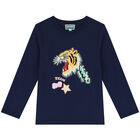 Girls Navy Blue Varsity Tiger Long Sleeve Top, 2, hi-res
