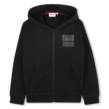 Boys Black Logo Hooded Zip Up Top
