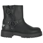 Girls Black Logo Leather Boots, 1, hi-res