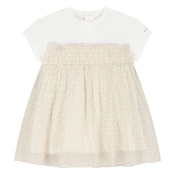 Younger Girls White & Beige Logo Dress
